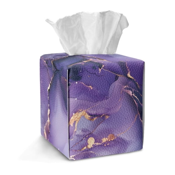 COEQINE Napkin Tissue Box Holder PU Leather Easy Refill Cube Tissue Holder Organizer Decorative Accessories Ideal for Home Office RV Decoration, Purple Gold Marble
