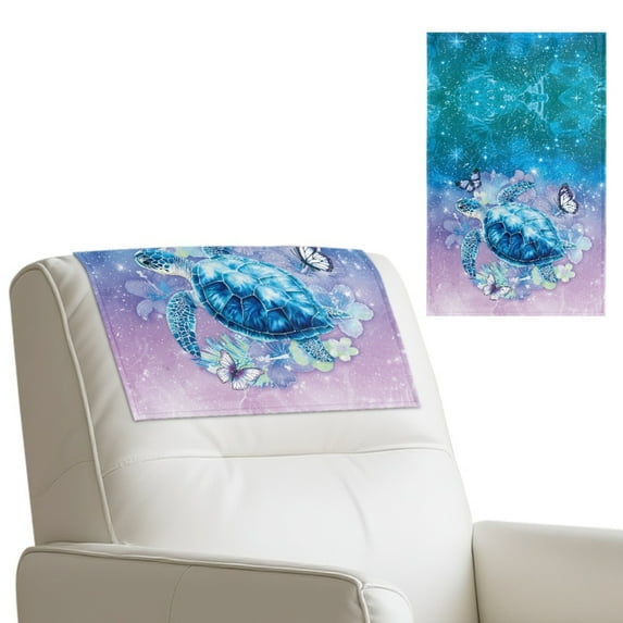 COEQINE Non-Slip Headrest Cover for Recliner, Faux Leather Recliner Headrest Protector with Adhesive Backed Hook and Loop Fasteners for Home Decor, 17x27 Inch, Sea Turtle Galaxy Purple, Set of 2