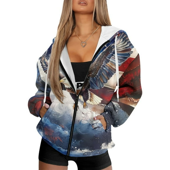 COEQINE Oversized Fashion Sweater Women's Hoodie Long Sleeve Sweatshirts Full Zip Up Eagle and American Flag Pattern Fall Winter Outfits Casual Wear with Pockets, 3XL