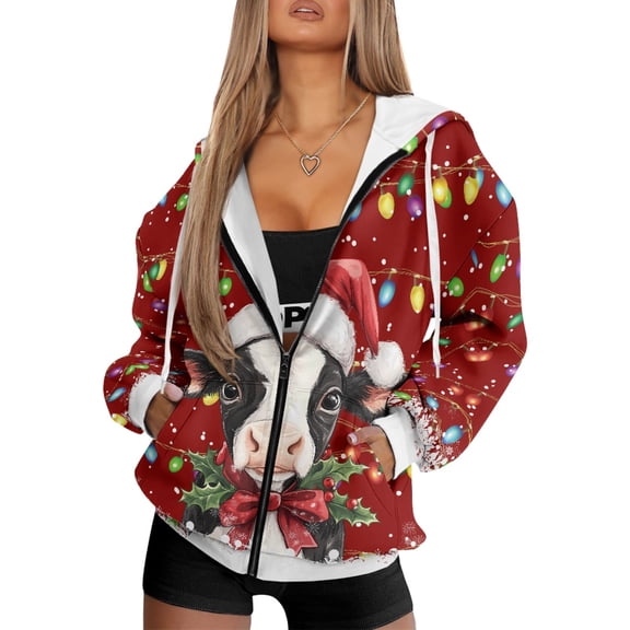 COEQINE Oversized Fashion Sweatshirts Women's Full Zip Up Hoodie Christmas Cow and Lights Red Print Long Sleeve Hooded Jacket for Women with Pockets Fall Outfits Clothes, 3XL
