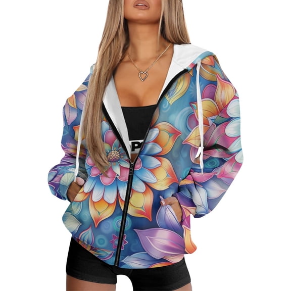 COEQINE Oversized Fashion Sweatshirts Women's Full Zip Up Hoodie Multicolor Lotus Floral Print Long Sleeve Y2K Tops for Women with Pockets Fall Outfits Casual Jacket, XL