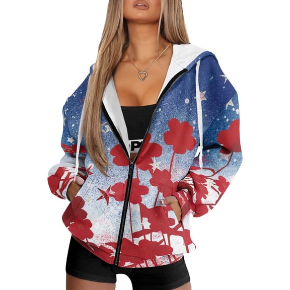 COEQINE Oversized Fashion Sweatshirts Women's Full Zipper Hoodie Red Floral Star Print Long Sleeve Y2K Tops for Women with Pockets Fall Outfits Casual Jacket, XL