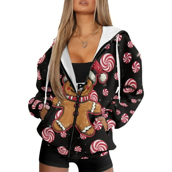 COEQINE Oversized Long Sleeve Casual Wear Fashion Sweatshirts Y2K Jacket with Pockets Cookies and Candy Black Print Women's Full Zip Up Hoodie Sweater, S
