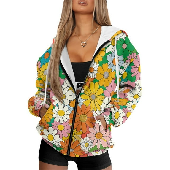 COEQINE Oversized Long Sleeve Soft Sweatshirts Casual Wear Women's Full Zip Up Hoodie Fashion Colorful Flowers Print with Pockets Soft Clothes, XS