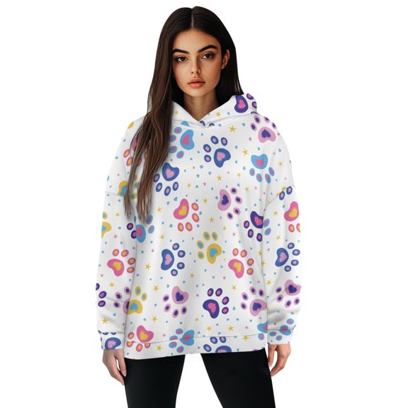 COEQINE Oversized Pullover Women's Hoodies Soft Sweatshirts Cozy Casual Fashion Long Sleeves Y2K Loose Paw Prints and Love Printing Lightweight Fall Winter Outfits Clothes, XL