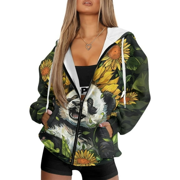 COEQINE Oversized Sweatshirts Long Sleeve Women's Hoodie Soft Casual Wear Full Zip Up Fall Outfits Jacket Panda and Sunflower Print Fashion Y2K Tops with Pockets, S