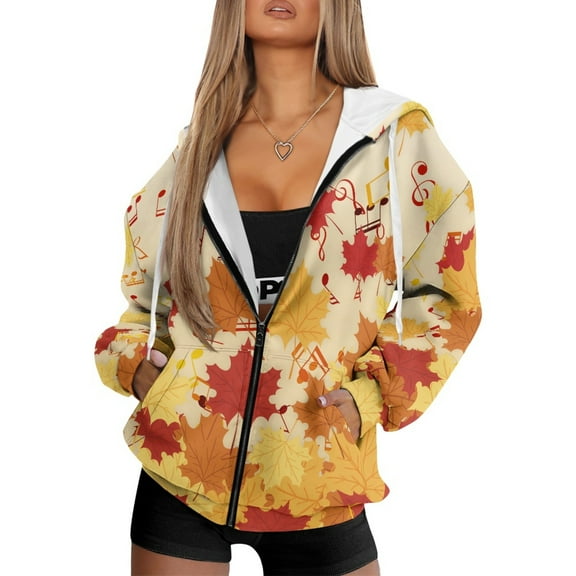 COEQINE Oversized Sweatshirts Women's Fashion Hoodie with Pockets Fall Maple Leaf and Musical Figures Print Full Zipper Long Sleeve Hooded Jacket Fall Outfits Casual Wear, 2XL