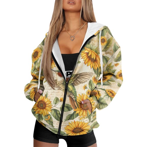 COEQINE Oversized Sweatshirts Women's Fashion Hoodie Sunflowers and Green Hummingbird Print Full Zipper Hooded Jacket Long Sleeve Y2K Tops for Women with Pockets Fall Casual Wear, 2XL