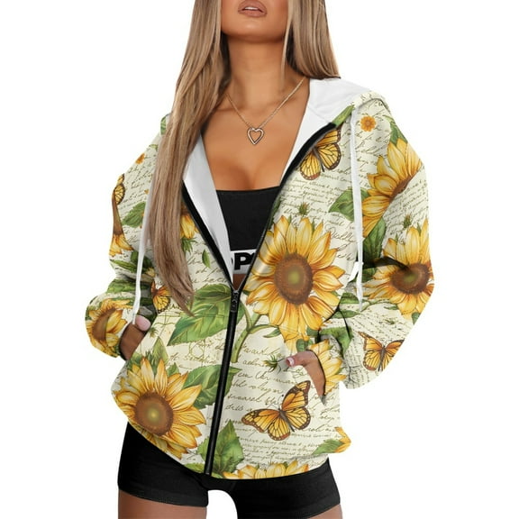 COEQINE Oversized Sweatshirts Women's Fashion Hoodie Sunflowers and Yellow Butterfly Print Full Zipper Long Sleeve Hooded Jacket for Women with Pockets Fall Casual Wear, 2XL