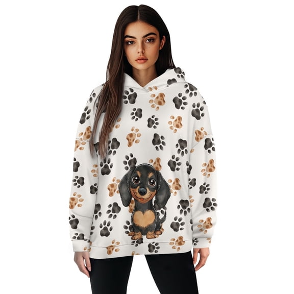 COEQINE Oversized Tops Long Sleeves Sweatshirts Pullover Women's Hoodies Fashion Y2K Crewneck Loose Fit Cozy Soft Hooded Sweatshirt Women Dachshund and Dog Footprints Casual Wear, S