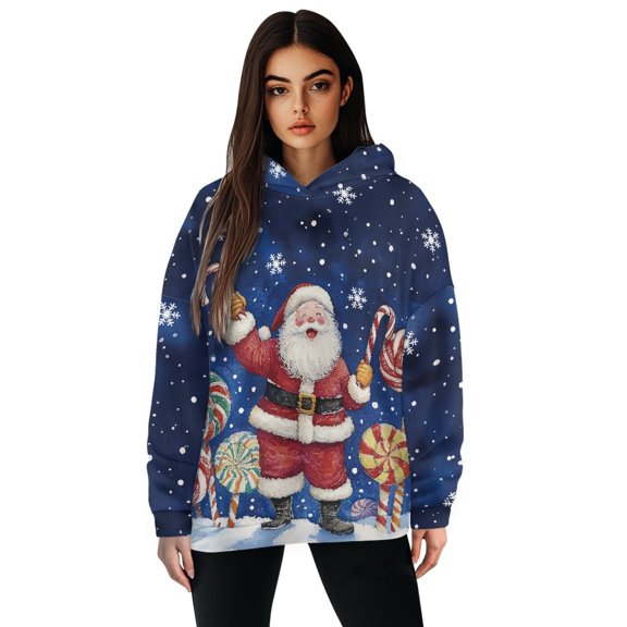 COEQINE Oversized Tops Sweatshirts Pullover Women's Hoodies Fashion Y2K Crewneck Loose Long Sleeves Fit Cozy Soft Hooded Sweatshirt Women Christmas Santa Claus and Lollipop, 2XL