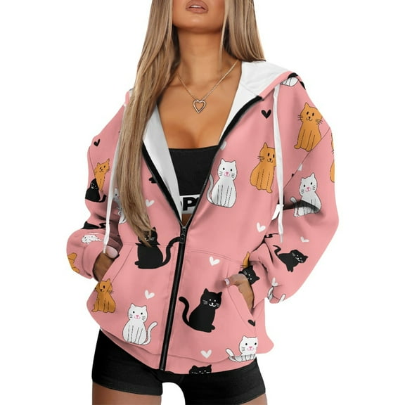 COEQINE Oversized Women's Full Zip Up Hoodie Sweatshirts Fashion Y2K Casual Wear Long Sleeve Cat and Love Pink Pattern Sweater Soft Fall Winter Jacket with Pockets, XL