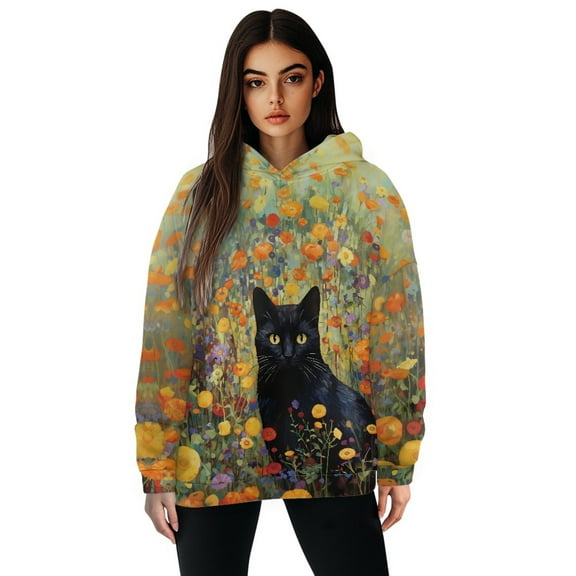 COEQINE Oversized Women's Hoodies Long Sleeves Sweatshirts Pullover Tops Fashion Y2K Loose Soft Cozy Lightweight Crewneck Black Cat and Fower Field Hooded Sweatshirt Outfits Clothes, XL