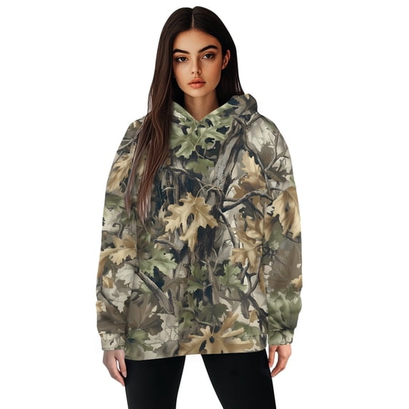 COEQINE Oversized Women's Hoodies Soft Cozy Casual Wear Fashion Y2K Loose Pullover Sweatshirts Camouflage Leaf Printing Long Sleeves Lightweight Fall Winter Outfits Clothes, 2XL