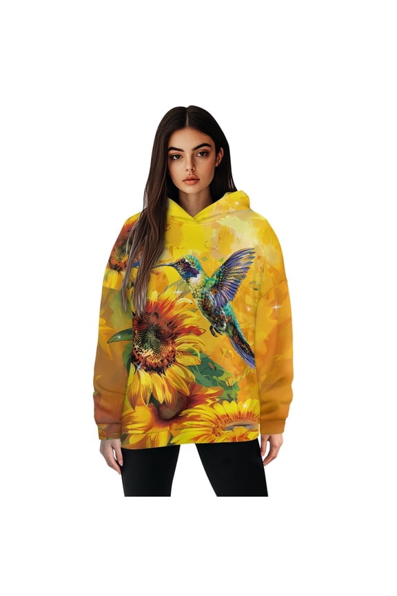 Oversized Women's Hoodies Sweatshirts Pullover Long Sleeves Loose Comfy Fit Cozy Hummingbird and Sunflower Fashion Y2K Hooded Sweatshirt Women Lightweight Casual, 2XL