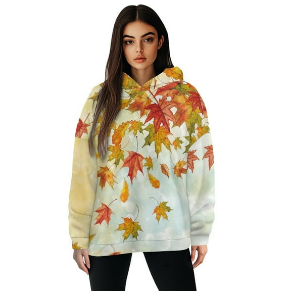 COEQINE Oversized Women's Hoodies Sweatshirts Pullover Maple Leaf Tops Loose Soft Long Sleeves Fit Cozy Lightweight Casual Wear Fashion Y2K Hooded Sweatshirt Outfits Clothes, S