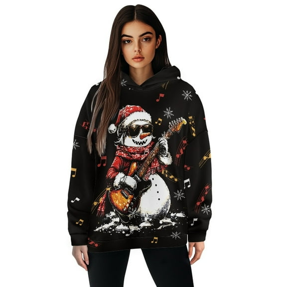 COEQINE Oversized Women's Hoodies Sweatshirts Pullover Tops Crewneck Fit Loose Long Sleeves Fashion Y2K Casual Wear Hooded Sweatshirt Christmas Snowman and Guitar Outfits Clothes, 2XL