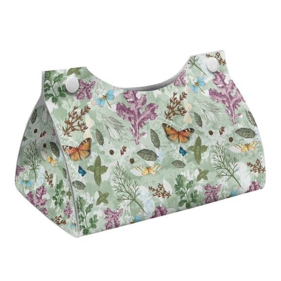 COEQINE PU Leather Facial Tissue Holder Facial Tissue Dispenser Rectangular Table Dryer Sheet Dispenser 7.95X4.92X4.52 Inch for Nightstand Dining Table Tabletop, Butterfly Dead Leaf Green