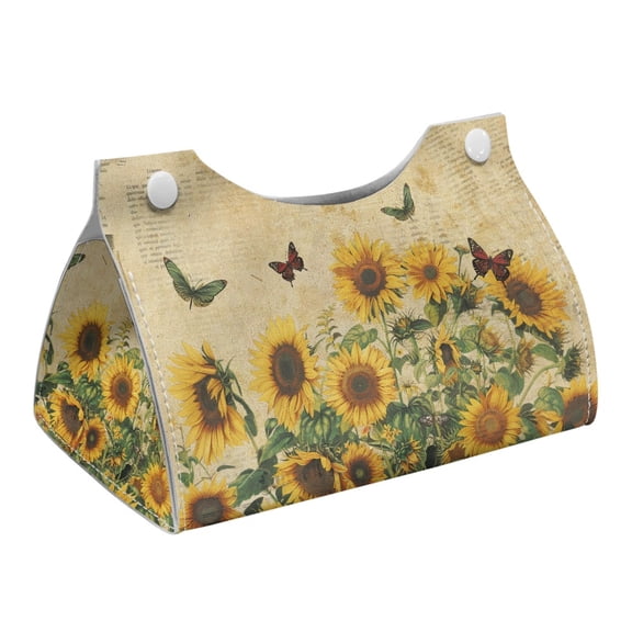 COEQINE PU Leather Paper Tissue Holder Rectangular Table Dryer Sheet Dispenser Tissue Container 7.95"X4.92"X4.52" for Vanity Countertop Nightstand Office Desk, Sunflower Butterfly Retro