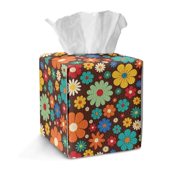 COEQINE PU Leather Paper Tissue Holder Square Tissue Holder Collapsible Table Dryer Sheet Dispenser for Dressers Nightstand Dining Table, Office Desk, Colorful Hippie Flower Brown