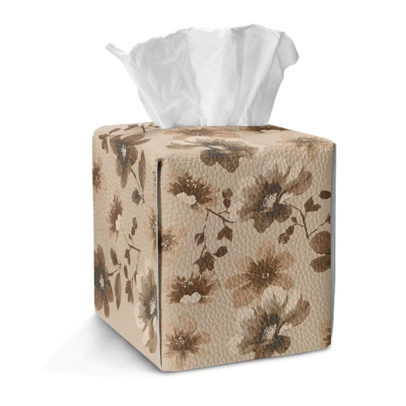 COEQINE PU Leather Square Tissue Box Cover, Snap Closure for Easy Refill & Storage, Universal Decorative Tissue Holder for Home Bedroom Car Office Desk, Brown Floral