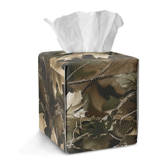COEQINE PU Leather Square Tissue Box Cover, Snap Closure for Easy Refill & Storage, Universal Decorative Tissue Holder for Home Bedroom Car Office Desk, Camo Hunting Forest