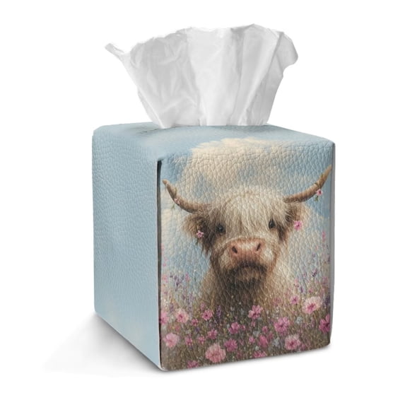 COEQINE PU Leather Square Tissue Box Cover, Snap Closure for Easy Refill & Storage, Universal Decorative Tissue Holder for Home Bedroom Car Office Desk, Highland Cow Flower