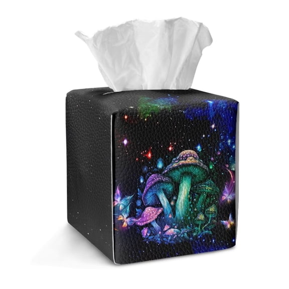 COEQINE PU Leather Square Tissue Box Cover, Snap Closure for Easy Refill & Storage, Universal Decorative Tissue Holder for Home Bedroom Car Office Desk, Mushroom Butterfly Galaxy