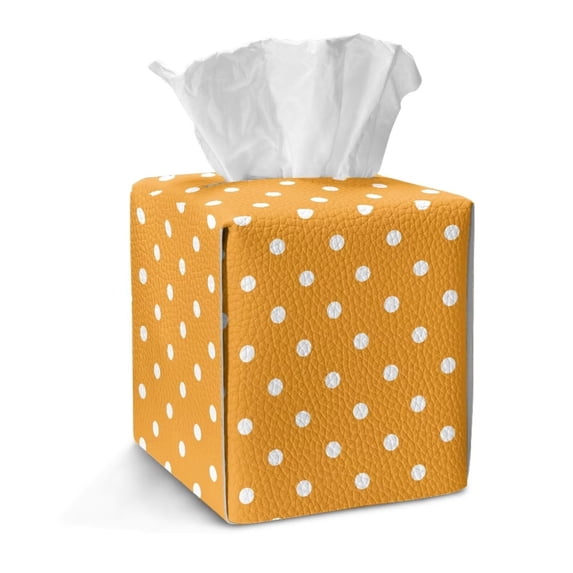 COEQINE PU Leather Square Tissue Box Cover, Snap Closure for Easy Refill & Storage, Universal Decorative Tissue Holder for Home Bedroom Car Office Desk, Polka Dots Orange