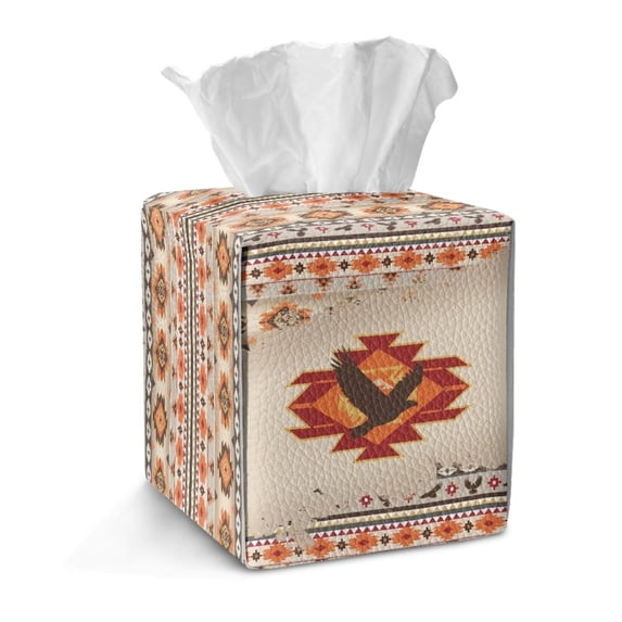 COEQINE PU Leather Square Tissue Box Cover, Snap Closure for Easy Refill & Storage, Universal Decorative Tissue Holder for Home Bedroom Car Office Desk, Southwest American Tribal Eagle