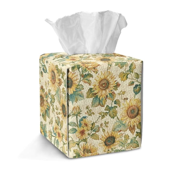 COEQINE PU Leather Square Tissue Box Cover, Snap Closure for Easy Refill & Storage, Universal Decorative Tissue Holder for Home Bedroom Car Office Desk, Vintage Sunflower