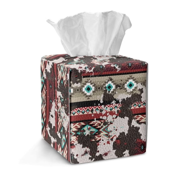 COEQINE PU Leather Tissue Box Cover Snap Closure Square Table Dryer Sheet Dispenser Universal Size for Vanity Countertop Nightstand Dining Table, American Tribal Cow Print Red