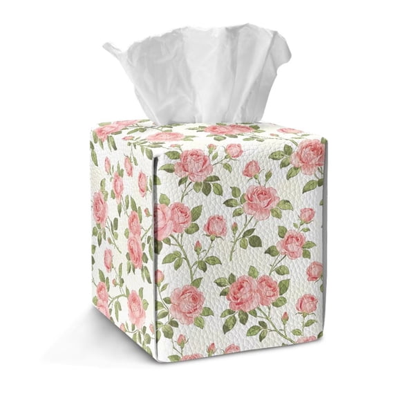 COEQINE PU Leather Tissue Box Cover Snap Closure Square Table Dryer Sheet Dispenser Universal Size for Vanity Countertop Nightstand Dining Table, Pink Rose Floral