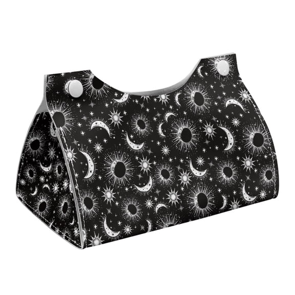COEQINE PU Leather Tissue Box Cover Tissue Container Rectangular Table Dryer Sheet Dispenser 7.95"X4.92"X4.52" for Vanity Countertop Nightstand Dining Table, Sun Moon Star Black White