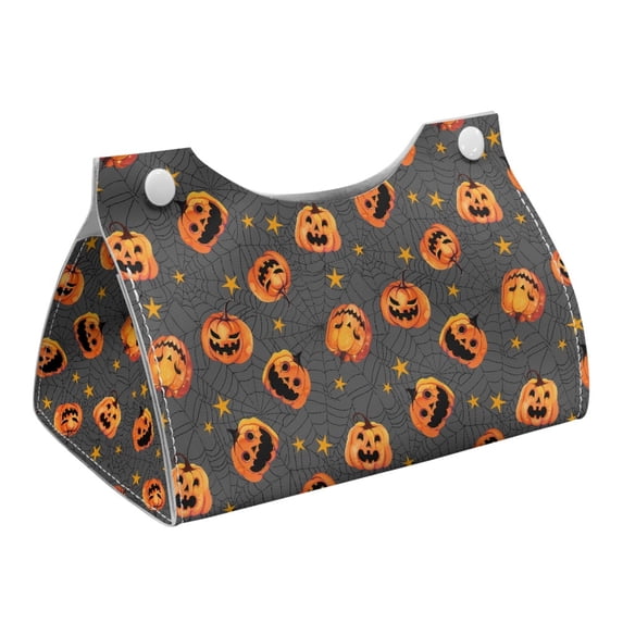 COEQINE PU Leather Tissue Box Cover Tissue Container Rectangular Table Dryer Sheet Dispenser 7.95"X4.92"X4.52" for Vanity Countertop Nightstand Dining Table, Halloween Pumpkin Star Cobweb Grey