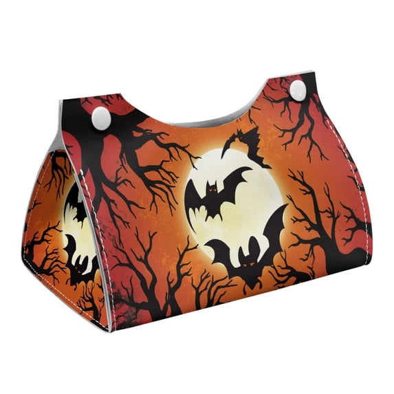 COEQINE PU Leather Tissue Holder Dispenser Rectangular Facial Tissue Holder Decorative Accessories for Office Desk Vanity Countertop Nightstand, Halloween Bat Moon Dead Branch Orange