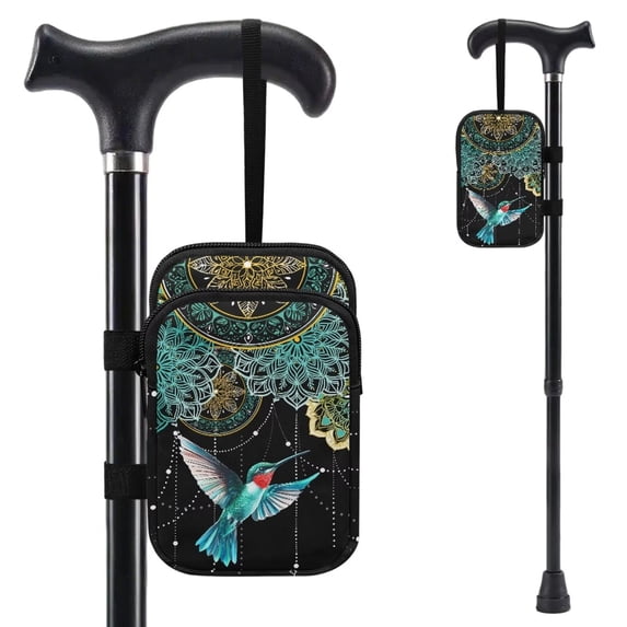 COEQINE Patterned Crutch Pouch, Walking Cane Bag Mandala Hummingbird Teal Forearm Crutch Storage Pouch, Two Zipper Pouch, Lightweight, Large Capacity, for Elbow Crutches
