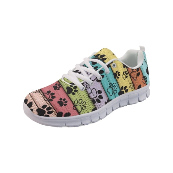 COEQINE Paw Colorful Wood Grain Tennis Shoes for Women Girls, Cat Dog Puppy Footprint Sneakers Lightweight Athletic Work Shoes Breathable Footwear for Jogging Climbing Hiking