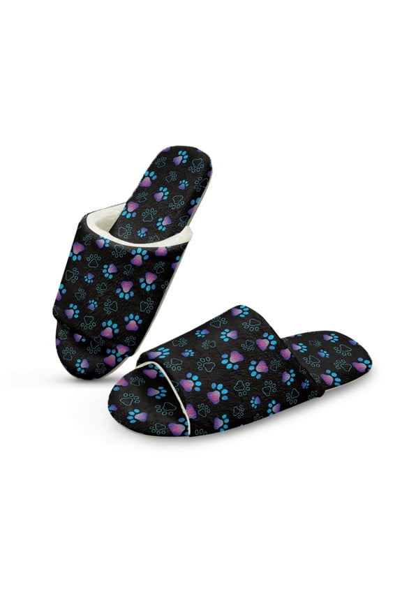 Paw Purple Blue Fall Slippers for Women, Fuzzy Slides Indoor Warm Fluffy Slides Cute House Slippers Open Toe Machine Washable Slip On Bedroom Sandals for Ladies, 40-41
