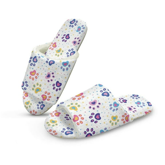 COEQINE Paw Star Colorful Slip On Slippers Womens Fluffy Slippers Soft Indoor Sandals Cute House Slides Comfortable Open Toe Slip On House Shoes Footwear for Bedroom Travel, 42-43