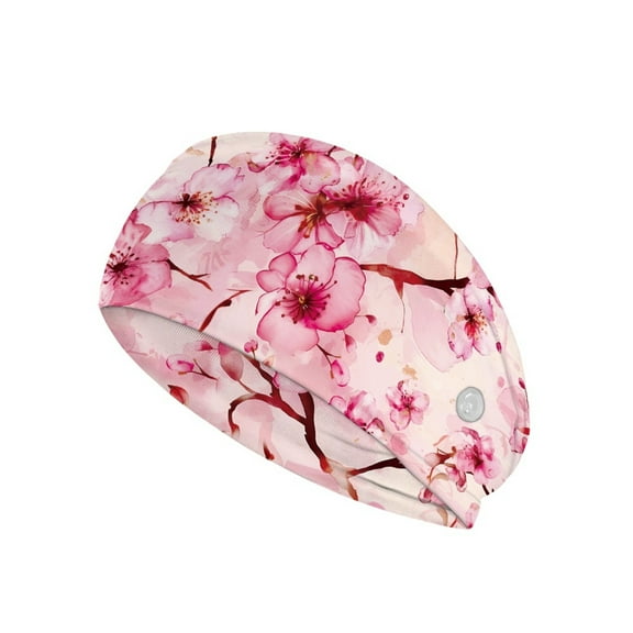 COEQINE Pink Cherry Blossoms Nurse Button Headband for Men Nurse Headbands for Women Headband with Buttons Wide Nurses Headbands Non Slip Nurse Headbands Thin