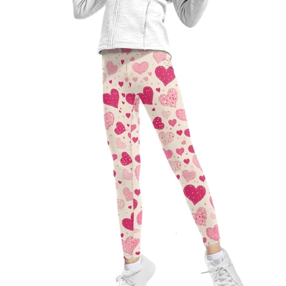 COEQINE Pink Heart Beige Girls Leggings Buttery Soft Yoga Pants Full Length High Waist Tummy Control for Jogging Running for 4-5 Years Kids Girls for Valentines Day