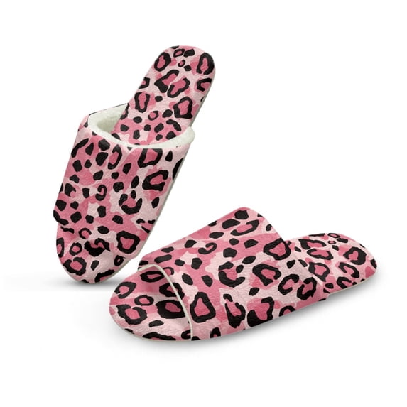 COEQINE Pink Leopard Print Slip On Slippers for Women, Comfortable Fuzzy Sandals Y2K Open Toe Slippers Machine Washable Slip On Slides Footwear for Home Bedroom Spa Travel, 40-41