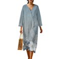 thumbnail image 1 of COEQINE Plus Size Women's Dress 3/4 Sleeve Wrap V-Neck Midi A Line Loose Fit Boho Chic Dress for Women, Comfortable Linen Look Casual Sundress, Size 2XL, Blue Tropical Flower, 1 of 6