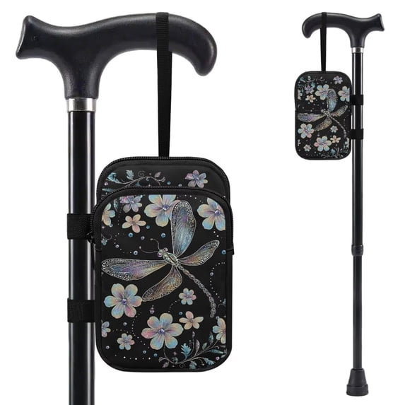 COEQINE Printed Crutch Bag Walking Cane Accesories Flower Dragonfly Black Forearm Crutch Organizer Pouch, Elbow Crutch Bag, 2 Pockets, Organize Daily Essentials, for Elderly