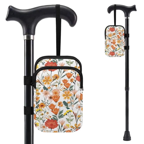COEQINE Printed Crutch Bag Walking Cane Accesories Orange Wildflower Forearm Crutch Organizer Pouch, Elbow Crutch Bag, 2 Pockets, Organize Daily Essentials, for Elderly