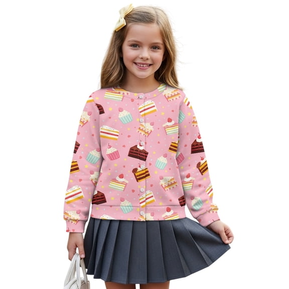 COEQINE Printed Girls Cardigan, Long Sleeve Crewneck Lightweight Outerwear, Cute Button Down Cover Up for Dresses and Tops, Machine Washable, Sizes 9-10 Years, Cake Dessert Pink