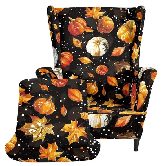 COEQINE Printed Wingback Chair Cover Fall Pumpkin Maple Dot Black 2-Piece Wing Back Armchair Protector, Polyester Spandex, Stay in Place Washable, Pet Friendly for Fall Autumn Home Decor