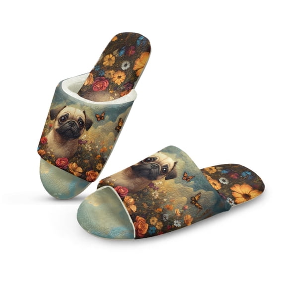 COEQINE Pug Flower Womens Slip On Slippers Cozy Fluffy Slides Soft Indoor Sandals Cute House Shoes Open Toe Bedroom Slippers Quiet Slip On Footwear for Her Ladies, 42-43