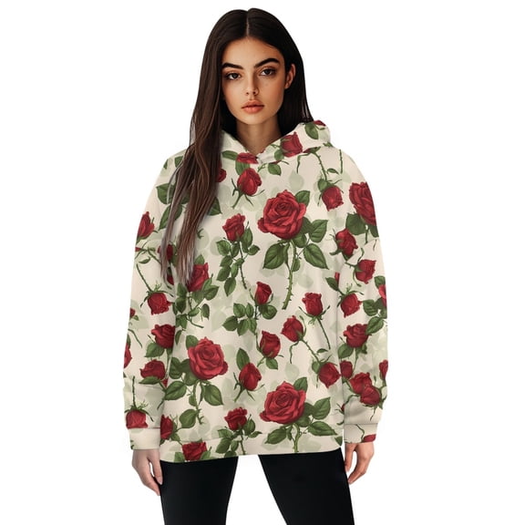 COEQINE Pullover Sweatshirts Oversized Lightweight Women's Hoodies Cozy Soft Fashion Printing Loose Fit Casual Wear Hooded Crewneck Women Sweatshirt Tops Outfits Rose Long Sleeves Y2K, S